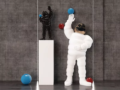 Modern Black White Astronaut Sculpture Carving With Spheres On Display Pedestals 3d model