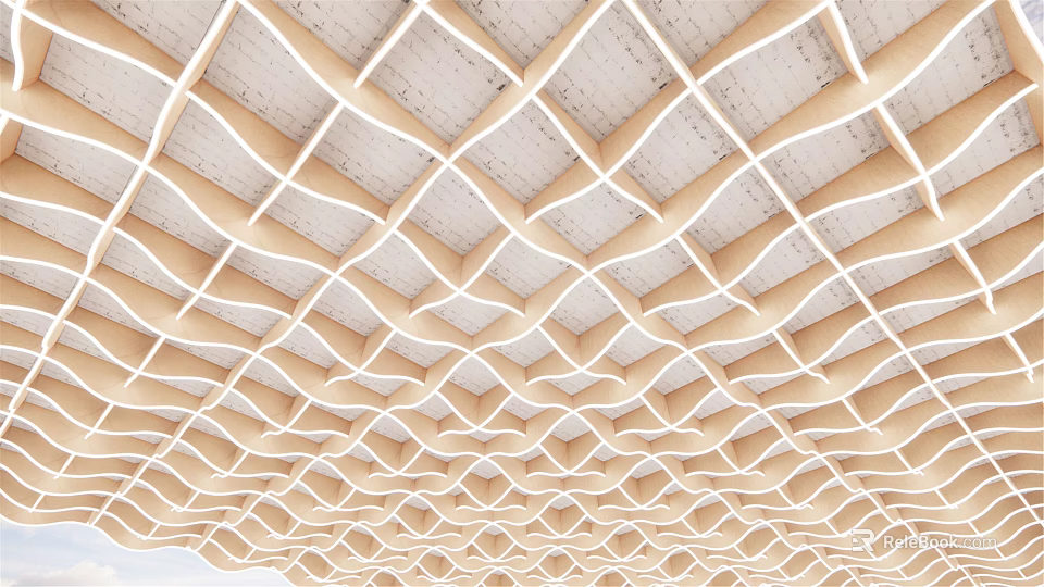 Modern Ceiling Design with Interlaced Geometric Grid Structure and Light Wooden Panels 3d model