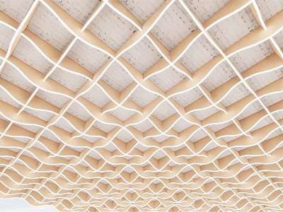 Modern Ceiling Design with Interlaced Geometric Grid Structure and Light Wooden Panels 3d model
