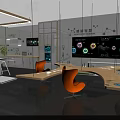 Modern Open Lounge Interior With Glass Partition Staircase Large Windows And Colorful Seating