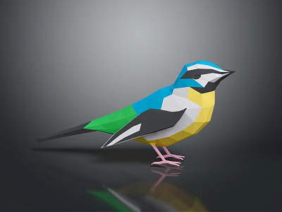 Colorful Low Poly Bird with Blue Green Yellow Feathers Standing on Black Surface with Reflection 3d model