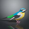 Colorful Low Poly Bird with Blue Green Yellow Feathers Standing on Black Surface with Reflection