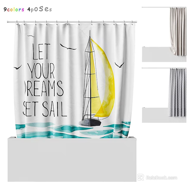 Sailboat Design Shower Curtain with Let Your Dreams Set Sail Quote Ocean Waves and Seagulls 3d model 