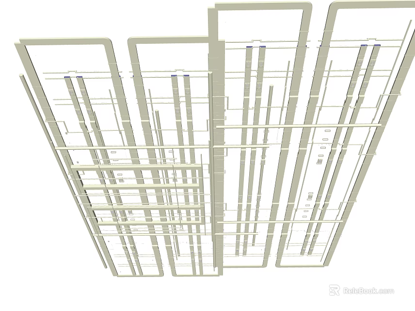 Modern Ceiling Design With Grid Framework And Linear Suspended Stripes 3d model