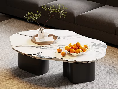 Modern Irregular Marble Top Coffee Table With Black Cylindrical Legs Green Plant And Oranges 3d model