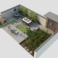 Courtyard Garden Layout With Outdoor Dining Table Chairs Green Plants And Stone Paving