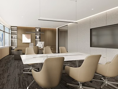 Modern Office Interior Design With White Conference Table Beige Chairs Wooden Bookshelves Large Windows And Wall TV 3d model