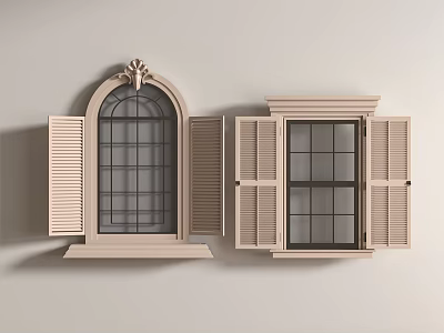 Beige Window Shutters With Arched And Rectangular Designs And Decorative Tops 3d model