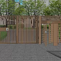 Modern Metal Entrance Gate With Lush Green Trees And Shrubs Surrounded By Tall Buildings