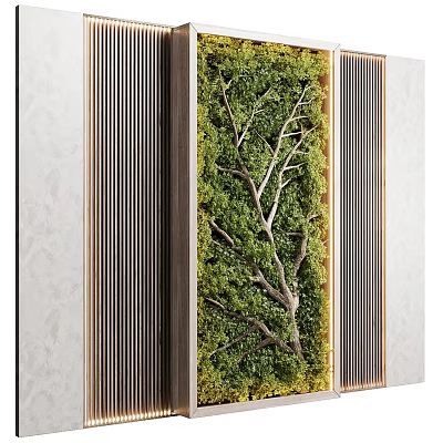 Lush Green Plant Wall With Natural Twigs And Modern Decorative Frame Design 3d model