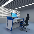 Modern Office Reception Area With Blue White Desk Computer Monitor And Black Chair
