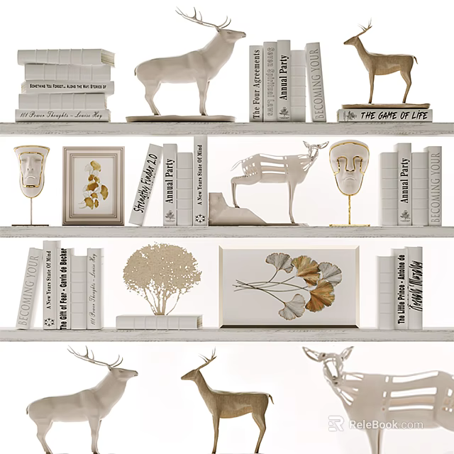 Stylish Decorative Cabinet with Multi Layer Shelves Books Deer Figurines and Decorative Artwork 3d model 
