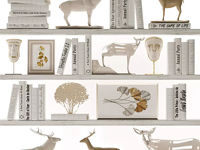 Stylish Decorative Cabinet with Multi Layer Shelves Books Deer Figurines and Decorative Artwork 3d model