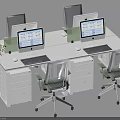 Modern White Office Desks with Computer Monitors Keyboards Mice Ergonomic Chairs and Storage Cabinets