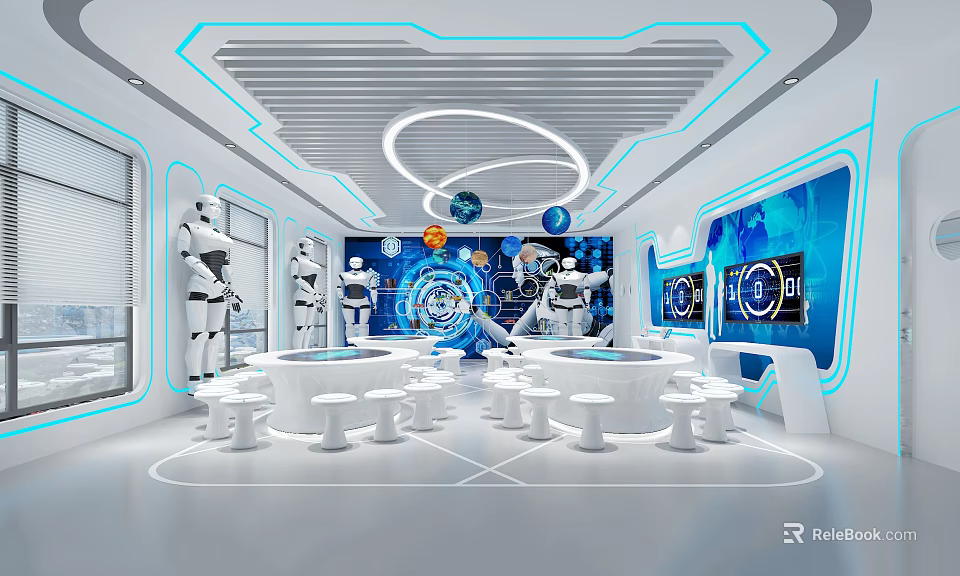 School Modern Tech Innovation Classroom With Robots Blue Screens Round Tables And Stools 3d model 