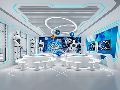 School Modern Tech Innovation Classroom With Robots Blue Screens Round Tables And Stools 3d model