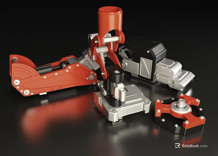 Mechanical Arm Assembly with Red and Silver Metal Components and Base 3d model 
