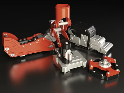 Mechanical Arm Assembly with Red and Silver Metal Components and Base 3d model