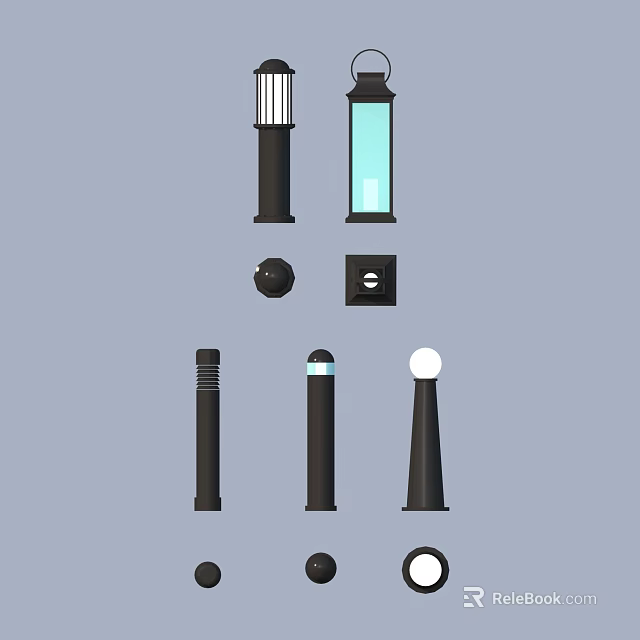 Outdoor Lights with Various Designs Including Post Ball and Cylindrical Styles 3d model 