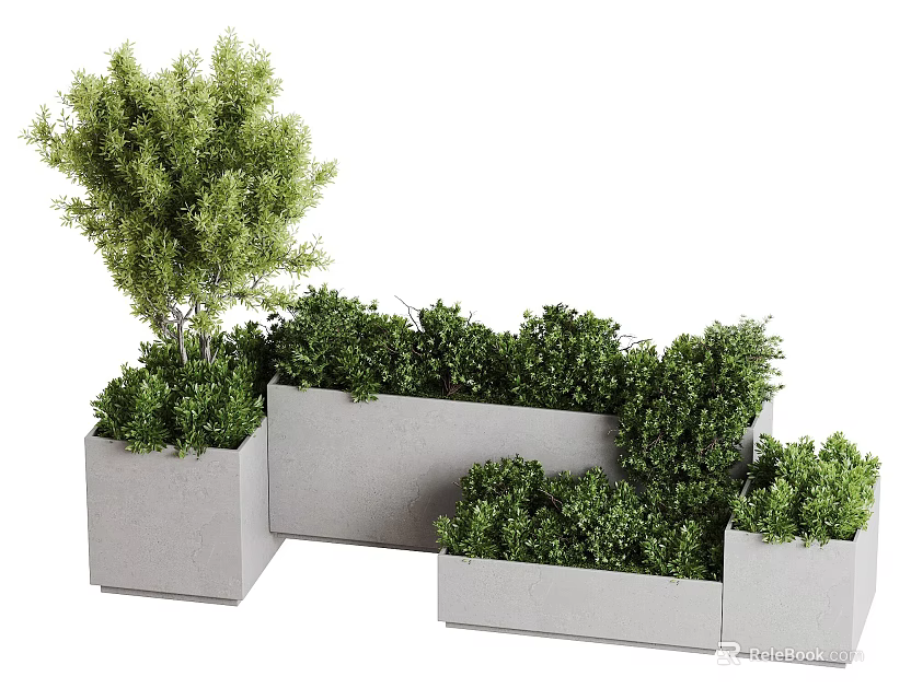 Modern Garden Landscape With Assorted Light Gray Planters Full Of Lush Ornamental Green Plants 3d model 