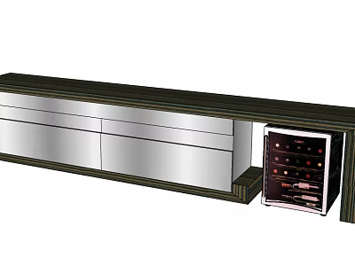 Modern Bar Counter With Wooden Top Silver Drawers And Wine Storage Rack 3d model