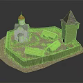 Medieval Fortified Architectural Model With Golden Dome Church Watchtower And Wooden Fence