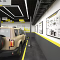 Modern Car Care Store With Parked Vehicles Yellow Pillars And Maintenance Services