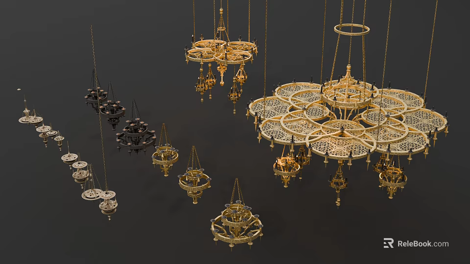 Elegant Golden And Black Chandeliers With Intricate Layered Hanging Design Details 3d model 