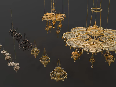Elegant Golden And Black Chandeliers With Intricate Layered Hanging Design Details 3d model