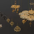 Elegant Golden And Black Chandeliers With Intricate Layered Hanging Design Details