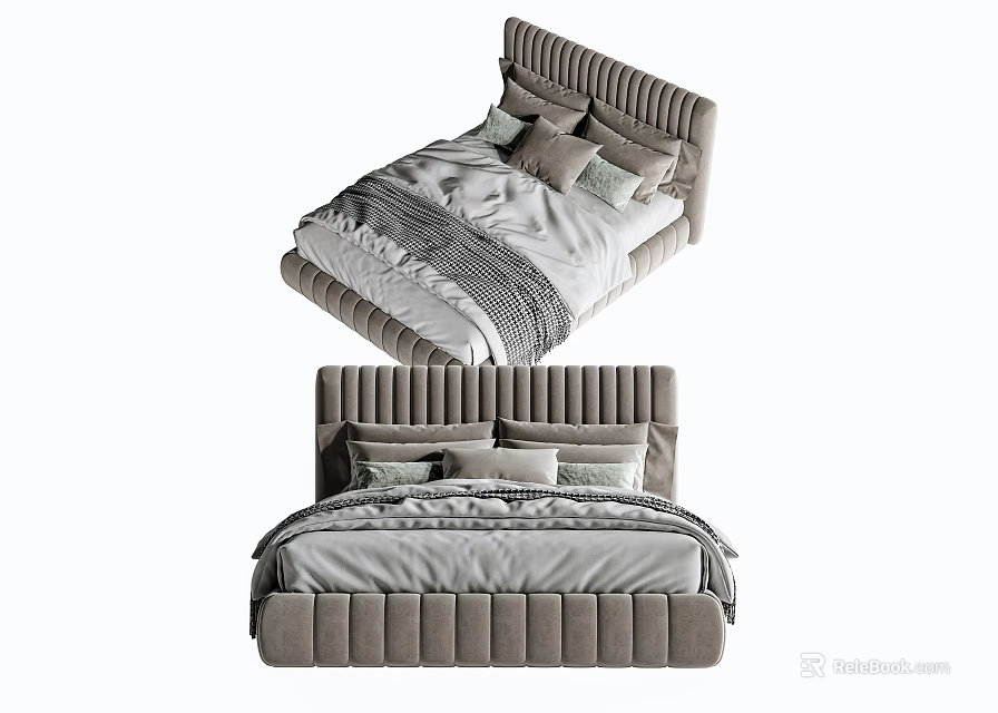 Modern Double Bed with Tufted Headboard Gray White Bedding and Pillows 3d model