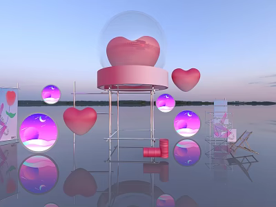 Romantic Sunset Scene With Transparent Sphere Pink Heart Floating Orbs And Reflections 3d model