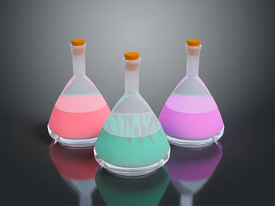 Three Household Conical Flasks With Orange Caps And Colorful Transparent Liquids 3d model