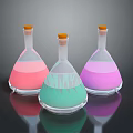 Three Household Conical Flasks With Orange Caps And Colorful Transparent Liquids