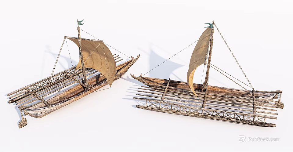 Pair of Traditional Wooden Sailing Boats with Handmade Bamboo Structure and Classic Design 3d model 