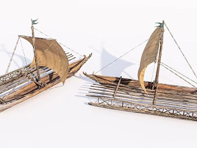 Pair of Traditional Wooden Sailing Boats with Handmade Bamboo Structure and Classic Design 3d model