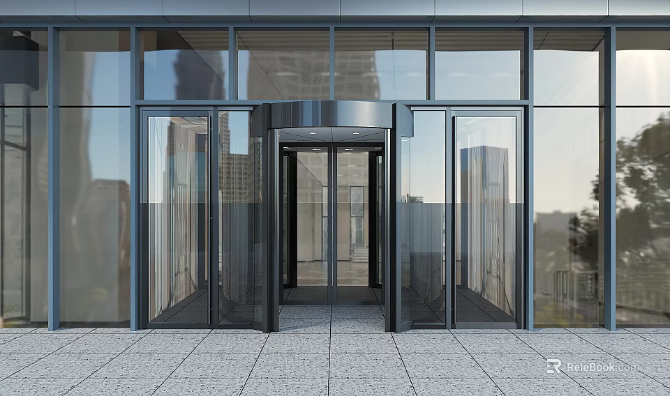 Modern Glass Revolving Door With Sleek Metal Frame At Contemporary Building Entrance 3d model 