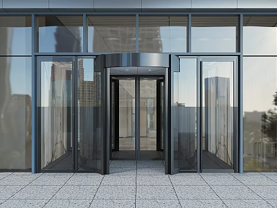 Modern Glass Revolving Door With Sleek Metal Frame At Contemporary Building Entrance 3d model