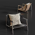 Modern Leisure Chair with Metal Frame Leather Seat and Geometric Pattern Pillow