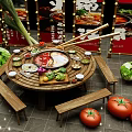 Authentic Hotpot Restaurant Featuring Round Wooden Table Central Hotpot Fresh Ingredients Chopsticks And Decorative Lighting