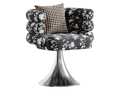 Stylish Bar Stool With Black Floral Fabric And Checkered Cushion Silver Metal Base 3d model