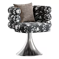 Stylish Bar Stool With Black Floral Fabric And Checkered Cushion Silver Metal Base