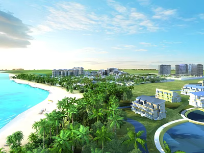 Modern Hinged Door Design in Coastal Resort with Beachfront and Palm Trees 3d model