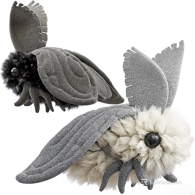 Gray Plush Doll With Soft Wings White Fur And Black Eyes 3d model 