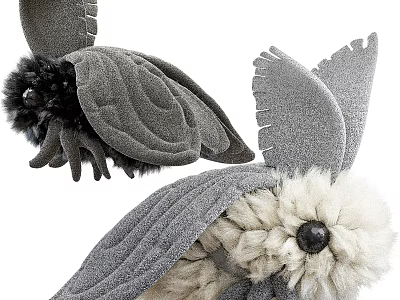 Gray Plush Doll With Soft Wings White Fur And Black Eyes 3d model