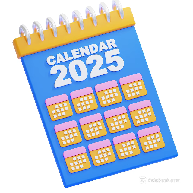 Decorative Ornament Set With 2025 Calendar Blue Background Yellow Spiral And Pink Top Grids 3d model 