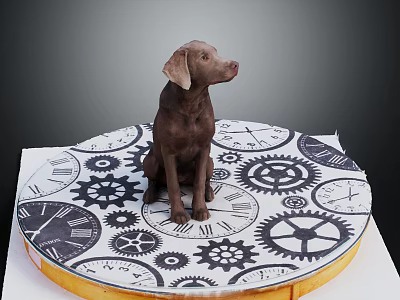Brown dog sitting on circular platform with black and white gears and clock designs 3d model