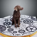 Brown dog sitting on circular platform with black and white gears and clock designs
