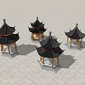 Traditional Chinese Pavilions With Pagoda Style Roofs And Ornate Decorations Under Blue Sky