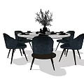 Round Dining Table Set with Navy Blue Chairs and Tableware Vase Plant 3d model